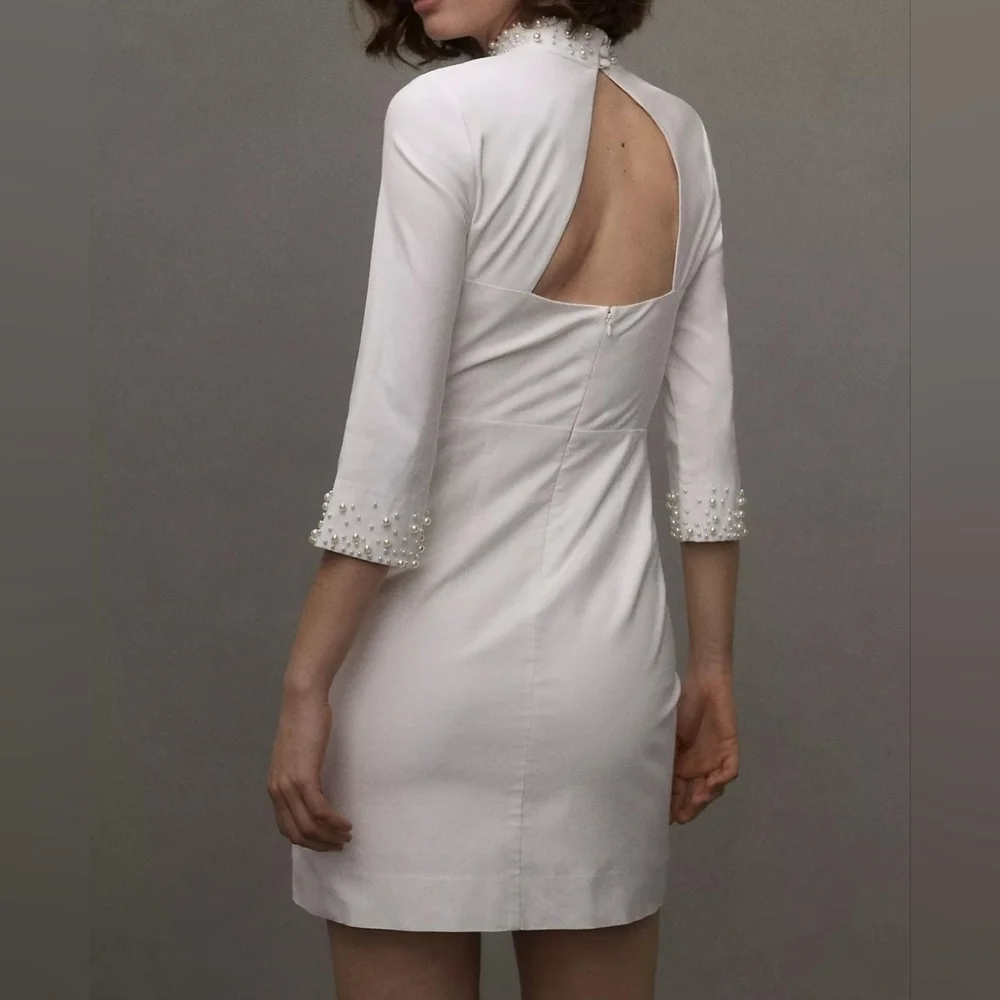 BHLDN Brynlee Mock-Neck 3/4 Sleeve Mini Dress w Pearl Accents, Ivory, LARGE